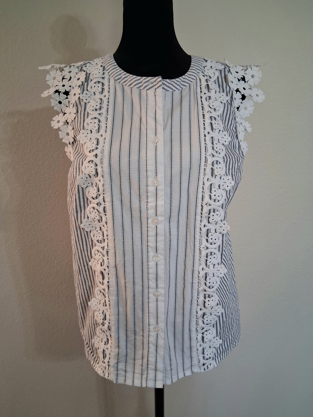 Jones New York Top with Navy Pinstripes and Lace Trim
